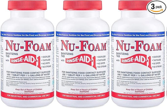 Nu-Foam Sanitizing Tablets for Bar Glassware – Superior Rinse Aid - Hand Washing Bar, Tavern, Brewery Supplies - Spotless Serving Glasses - 3 Pack 300 Tablets/ 1,800 Quarts Sanitizing Solution