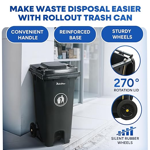 32 Gallon Step-On Large Outdoor Trash Can with Lid and Wheels - Outside Plastic Rolling Garbage Can - Rollout Commercial Heavy-Duty Container Barrel, Gray