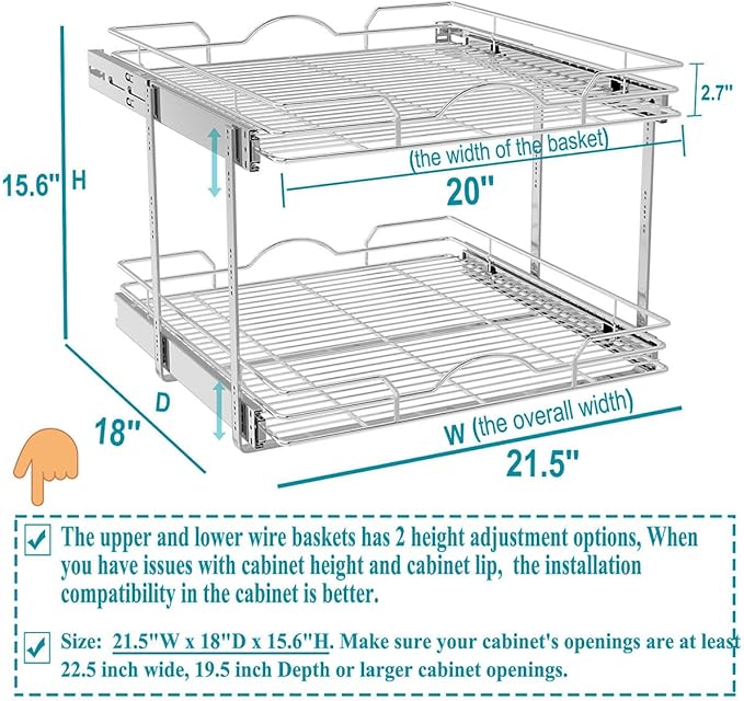 OCG 2 Tier Pull Out Cabinet Organizer (21.5" W x 18" D), Pull Out Shelves for Kitchen Cabinets, Slide Out Pantry Shelves for Base Cabinet Organization in Kitchen Bathroom Pantry, Chrome Finish