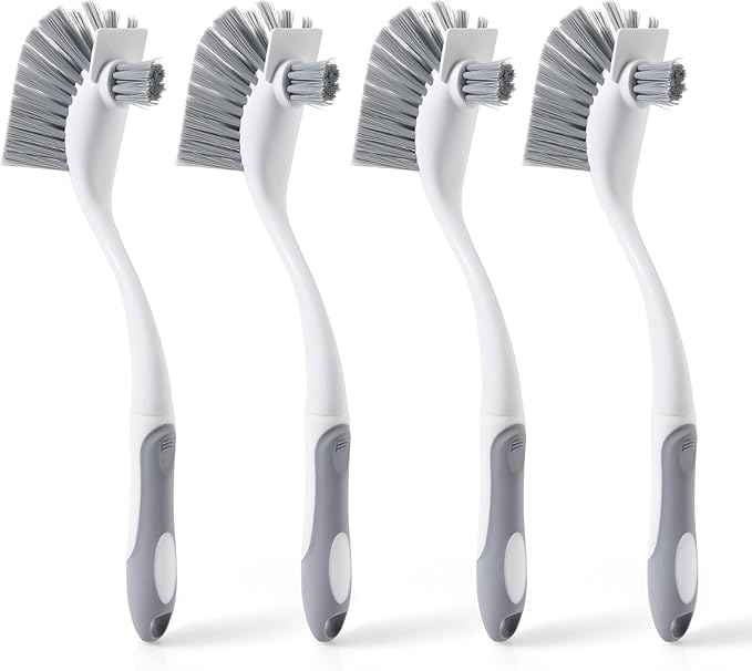 4-Pack Heavy-Duty Dish Scrub Brushes with Stiff Non-Scratch Bristles & Long Handle - Multi-Purpose Kitchen Cleaning Brushes for Pots, Pans, Bottles, Deep Cleaning
