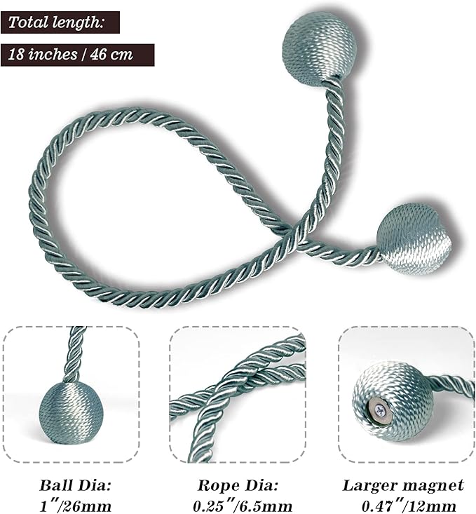 Hion Magnetic Curtain Tiebacks Gray Blue 6 Pack, Curtain Tiebacks Buckles Holdbacks Holders Hooks Clip for Home Bedroom Office Decorative Thick or Thin Curtain