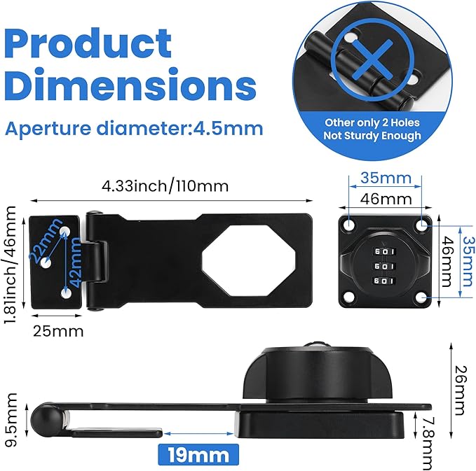 Keyless Cabinet Lock with Combination Code - 3-Digit Password Hasp Latch Lock for Drawers, Bifold Closet Door and Double Sided Door (Black, 4.5 Inch)