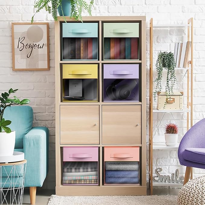 Sorbus 13 Inch Storage Bins with Clear Window - 6 Foldable Baskets for Organizing Clothes, Toys, Books - Sturdy Collapsible Fabric Storage Cubes with Handle - Storage Baskets for Shelves, Closets
