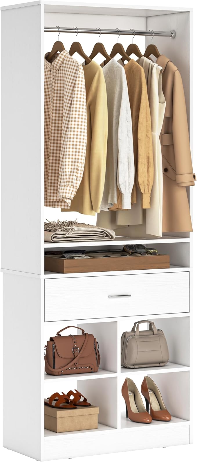 Unikito Freestanding Closet System with Wood Drawer and 4 Cubby Storage, Closet Organizer with Hanging Rods & Shelves, 25‘’W X 80'' H Clothes Garment Rack, Walk in Closet Tower Wardrobe, White
