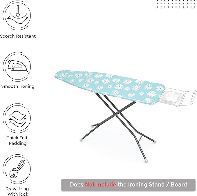 Encasa XO Ironing Board Cover and Pad 57"x22" - Thick 3mm Felt Padding, Drawstring Tightening & Lock, Easy Fit, Scorch & Stain Resistant, Fits X-Large Ironing Board - Daisy Blue