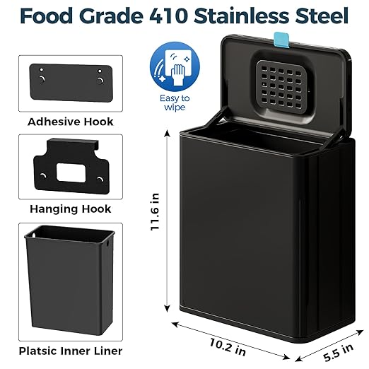 Stainless Steel Hanging Trash Can with Lid and Inner Bucket, 2 Gallon Kitchen Compost Bin for Counter Top, Under Sink or Wall Mount, Small Garbage Can for Cupboard/Bathroom/Bedroom/RV, Black