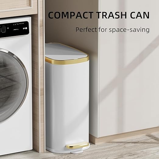 KUK Small Bathroom Trash Can with Lid Soft Close, Step Pedal, 2.4 Gal Stainless Steel Garbage Can with Removable Inner Bucket, Anti-Fingerprint Wastebasket for Office, Bedroom, Toilet (White)