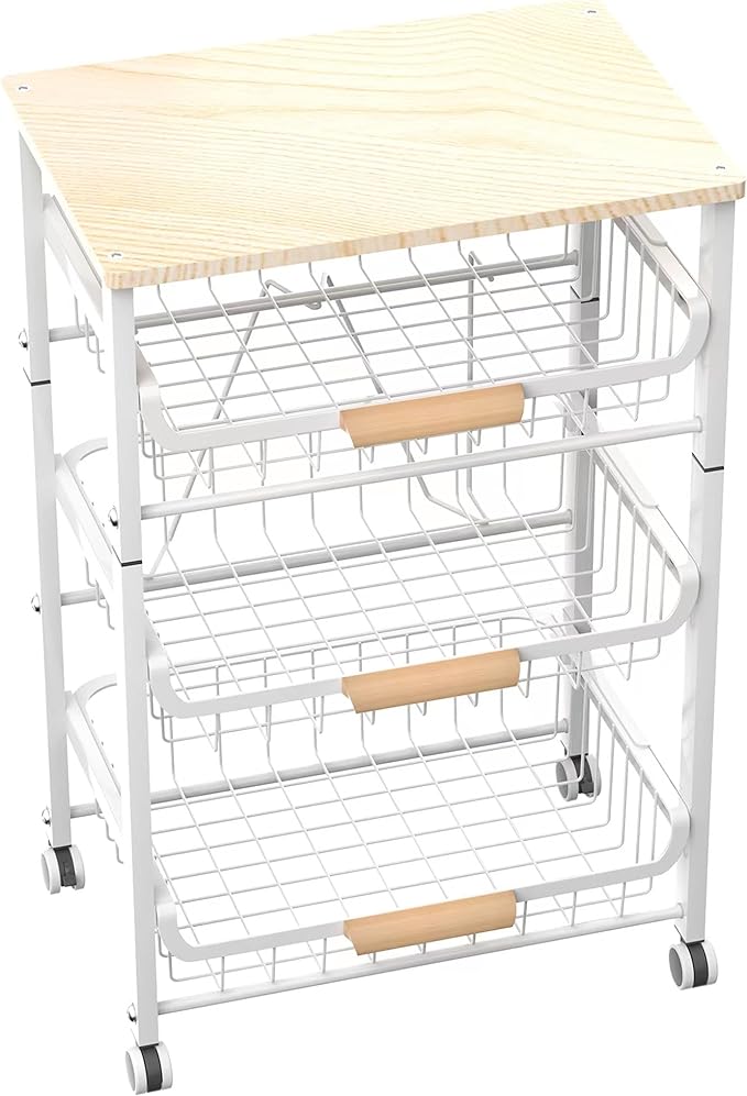 4-Layer Fruit Basket Kitchen Food Storage Organizer and Storage Rack, Stackable Storage cart with Desktop, Pull-Out Hollow Metal Storage Basket, liding Out Storage,White