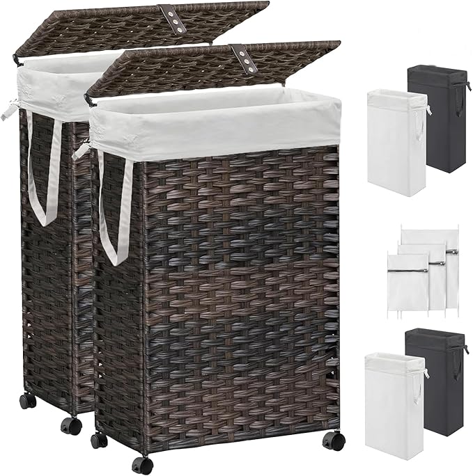 70L Slim Laundry Hamper with Lid & Wheels, 2-Park Rolling Laundry Basket with 4 Removable Liner Bags & 3 Mesh Bags, Narrow Dirty Clothes Basket, Foldable Handwoven Rattan Laundry Sorter, Brown