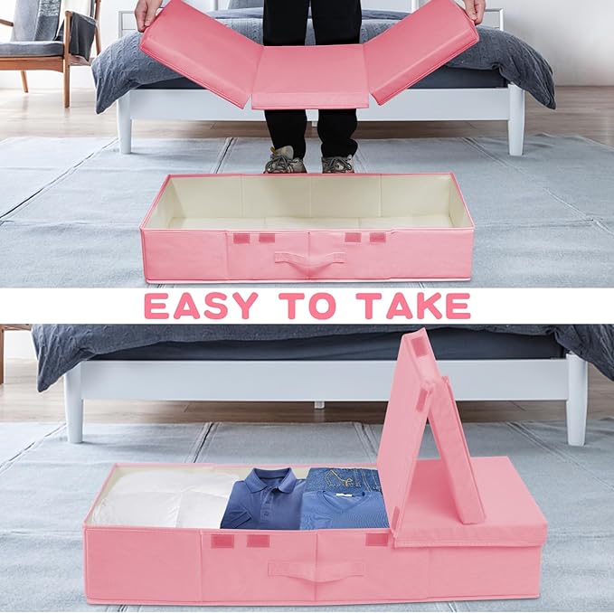 punemi Under Bed Storage With Lids, 2 Pack Pink Underbed Storage Bins Containers for Girls Daughter, Large Low Profile Stackable Drawer Organizer Box for Clothes Bedroom Couch Closet Basement