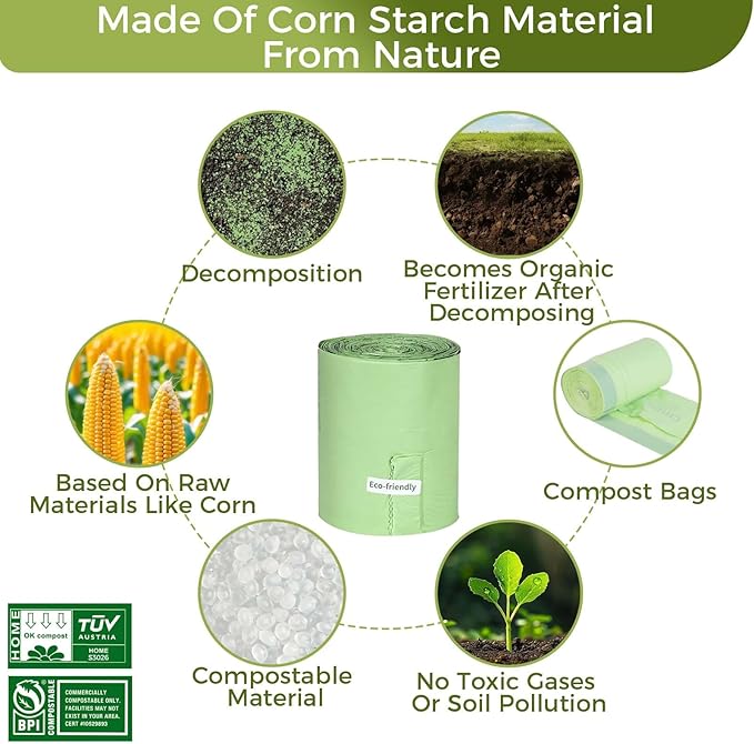 3 Gallon Compostable Trash Bags with Handle-Tie, Thick 0.67 Mil, 11.36 Liter, 80 Bags, Small Kitchen Food Scrap Waste Bag, ASTM D6400, US BPI and OK Compost Home Certified