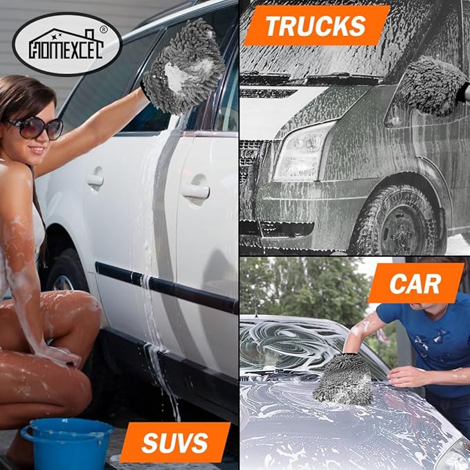 HOMEXCEL Car Wash Mitt, 2PK Chenille Microfiber Wash Mitt, Scratch-Free & Lint-Free, Rich Foam, Highly Absorbent, Double Sided, Perfect for Car Washing and Detailing, 10.2" x 6.7 ", Grey
