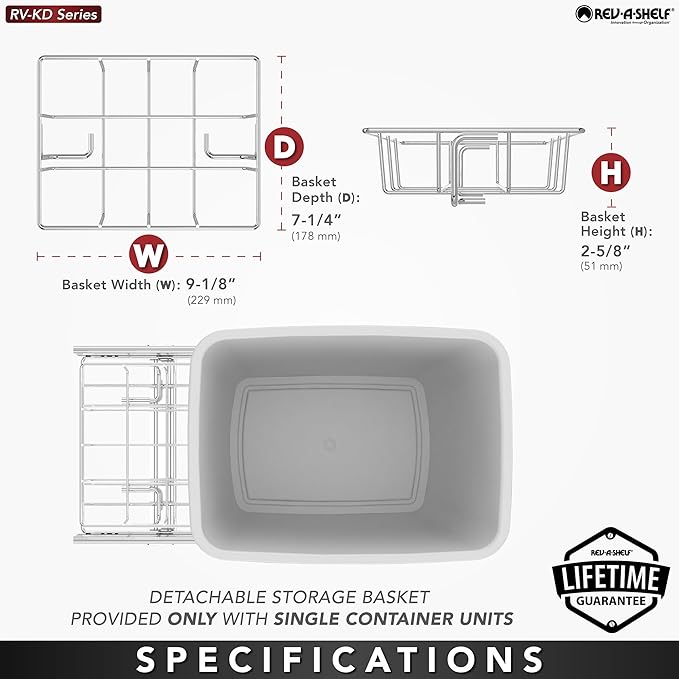 Rev-A-Shelf RV-12KD-18C S 35-Quart Chrome Wire Bottom Mount Pullout Kitchen Waste Trash Can Container Bin with Rear Storage, Black