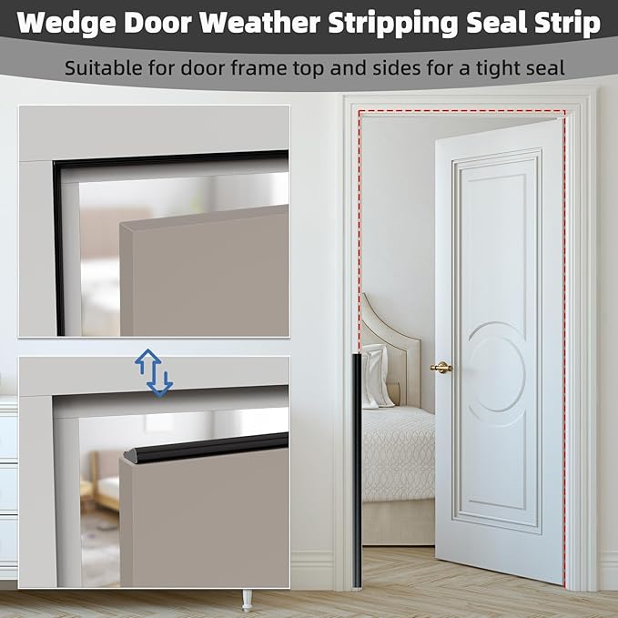 196" Wedge Weather Stripping Door Seal Strip for Door Frame & Window,Self Adhesive Window Insulation Draft Stopper Seal for Winter,Gray Foam Door Gap Filler for Soundproofing Light Blocker,Black