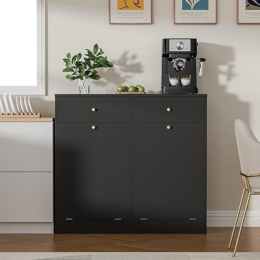 Double Tilt Out Trash Can Cabinet, Trash Storage Cabinet with 2 Drawers, Hidden Garbage Bin, Free Standing Laundry Sorter Organizer for Kitchen Dining Living Room, Bathroom, Black