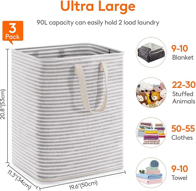Lifewit 3 Pack Laundry Hamper Large Collapsible Laundry Baskets, Freestanding Waterproof Clothes Hamper with Easy Carry Handles in Laundry Room Bedroom Bathroom College Dorm for Adults, Grey, 3 x 90L