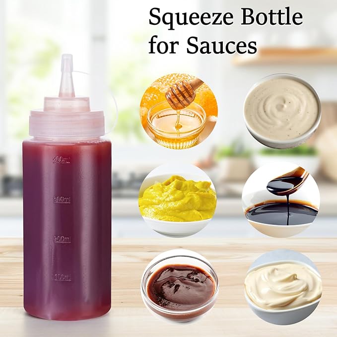 Condiment Squeeze Bottles Ketchup Dispenser, 6 Pack 16oz Squeeze Bottles for Liquids, Plastic Sauce Bottle with Cap Lid, Squirt Bottles for Sauces Liquids BBQ Dressing Pancake Art