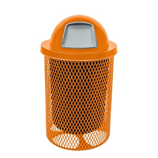 COATEDOUTDOORFURNITURE RDT-ORG Heavy Duty 32 Gallon Round Trash Receptacle, Liner Included, Orange with Orange Steel Dome Top, Made in America