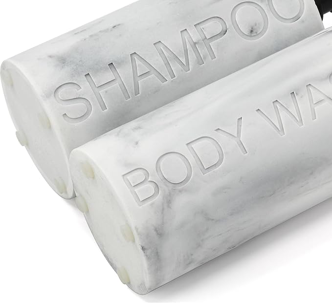 Marble Resin 2 Piece Shampoo and Body Wash Dispenser Set, Luxurious Refillable Pump Bottles with Matte Pump Top and Embossed Text, Durable Design for Bathroom and Shower