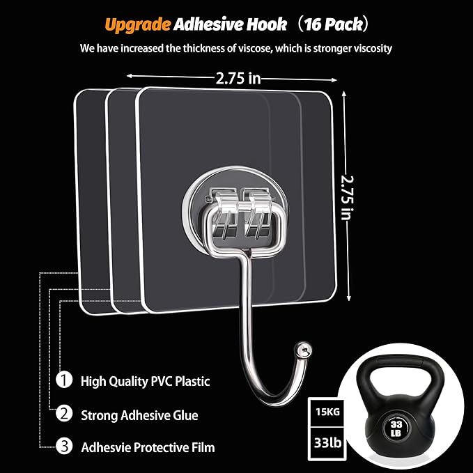 DKHDBD Large Adhesive Hooks, 16-Pack Hold 33lb(Max) Heavy Duty Sticky Hooks, Waterproof Transparent Hooks for Hanging, Self-Adhesive Traceless Clear Wall Hooks to Use for Keys Robe & Towel