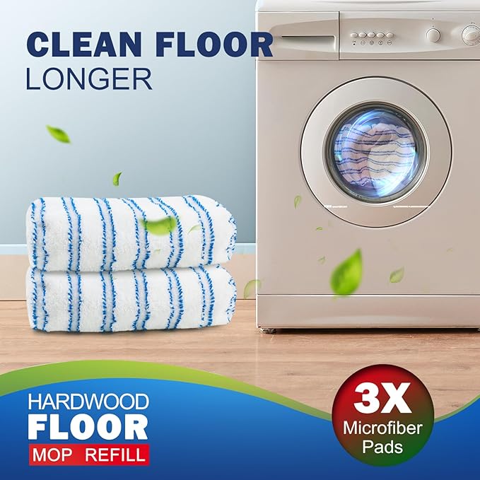 Matthew Microfiber Mop Refills Compatible with Hardwood Floor 'N More, Mop Head Replacement Reusable for Large Surface Compatible with ShMop and All 15 * 8” Flat Mops – 3Pcs Microfiber Mop Pads