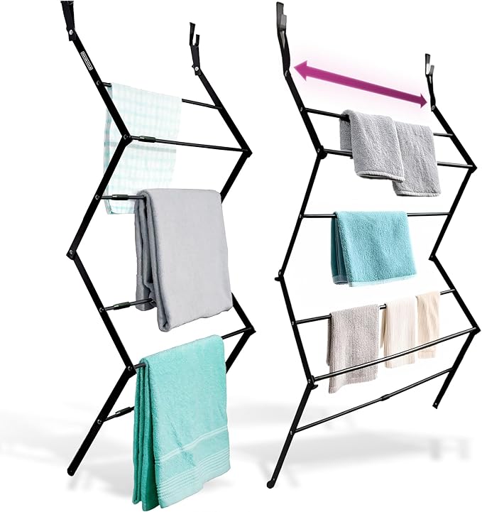 BLACK+DECKER Over The Door Expandable Telescopic Drying Rack, Clothes Organizer, Towel Hanger, Laundry, Collapsible, Black