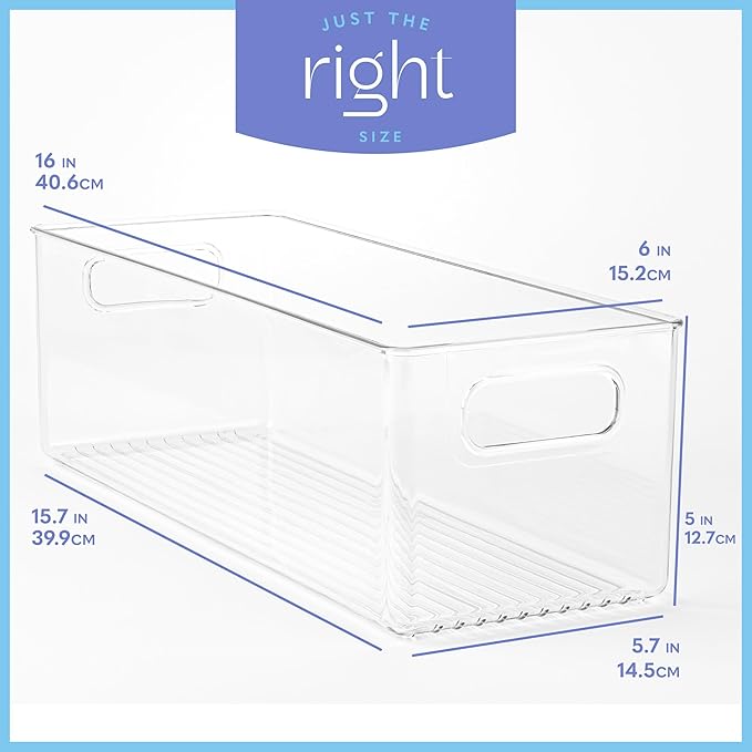 Plastic Food Storage 6 Pack Clear Container Bin with Handles for Organizing Kitchen, Pantry, Refrigerator, Freezer, Pantry, Cabinet, Closet, Bathroom. 16”x6”x5”