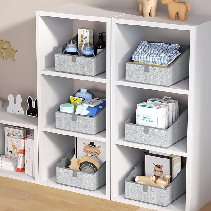 DIMJ Closet Storage Bins 6 Pack - Fabric Trapezoid Closet Organizer Bin, Foldable Storage Baskets for Shelves, Closet Shelf Organizer, Clothing Storage Box for Toys, Books, Towel, Clothes, Gray