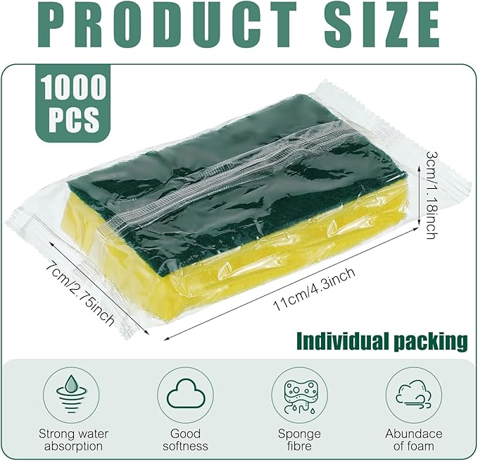 Tanlade 1000 Pcs Individually Wrapped Sponge Dishwashing Sponge Bulk Non Scratch Scrub Sponges Kitchen Scouring Pad for Household Cleaning Rental Dishes Hotel Apartment Car (Yellow,Green)