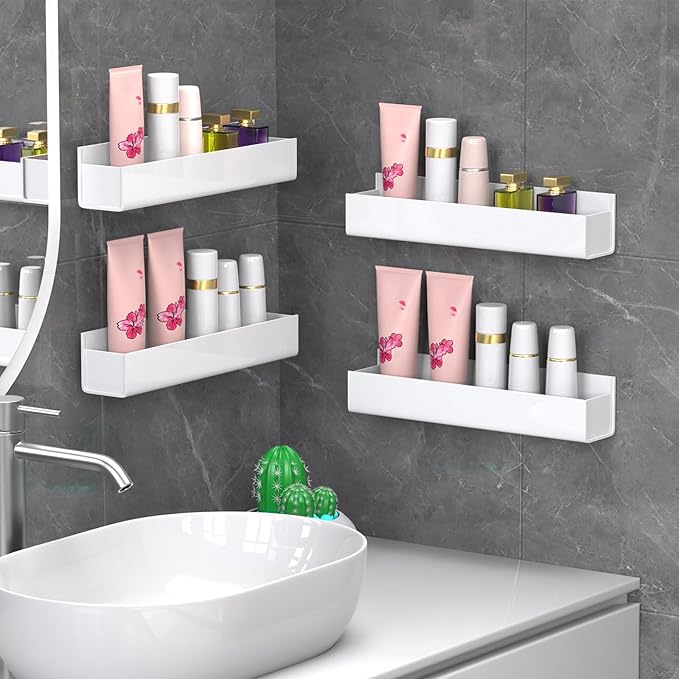 PMMASTO Adhesive Acrylic Spice Rack Organizer for Wall with Nano Double Sided Tape, Spice Shelf Organization for Kitchen Cabinet Door/Pantry Door, Wall Mount Seasoning Rack (White - 4 Pack)