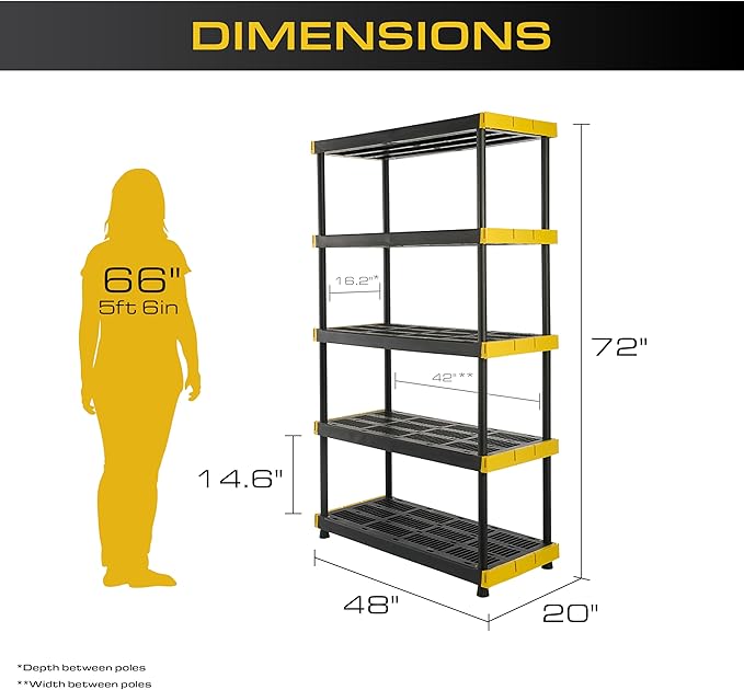 CX Black & Yellow®, 5-Tier Heavy Duty Plastic Storage Shelving Unit, 200lbs/shelf (72”H x 48”W x 20”D), for Indoor/Outdoor Organization, Modular Rack