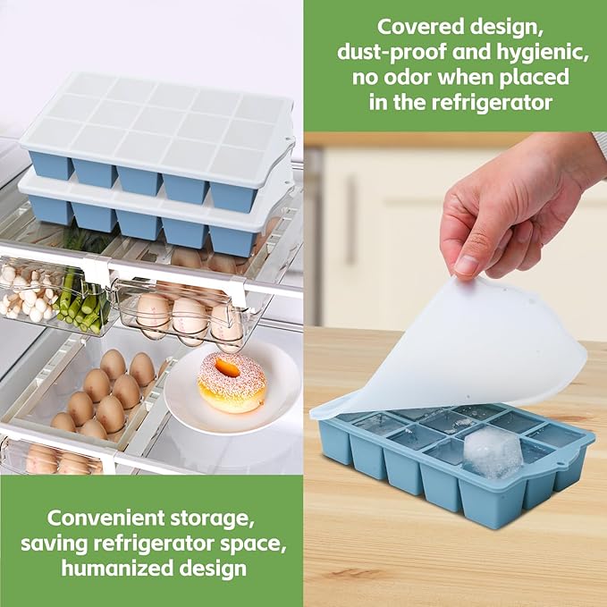 Silicone Ice Cube Tray, 2 Pack Easy-Release Stackable Ice Trays for Freezer with Lid 15 Reusable Cubes, Food Grade BPA Free Ice Molds for Whiskey, Baby Food, Coffee, Cocktail, Drinks (Blue)