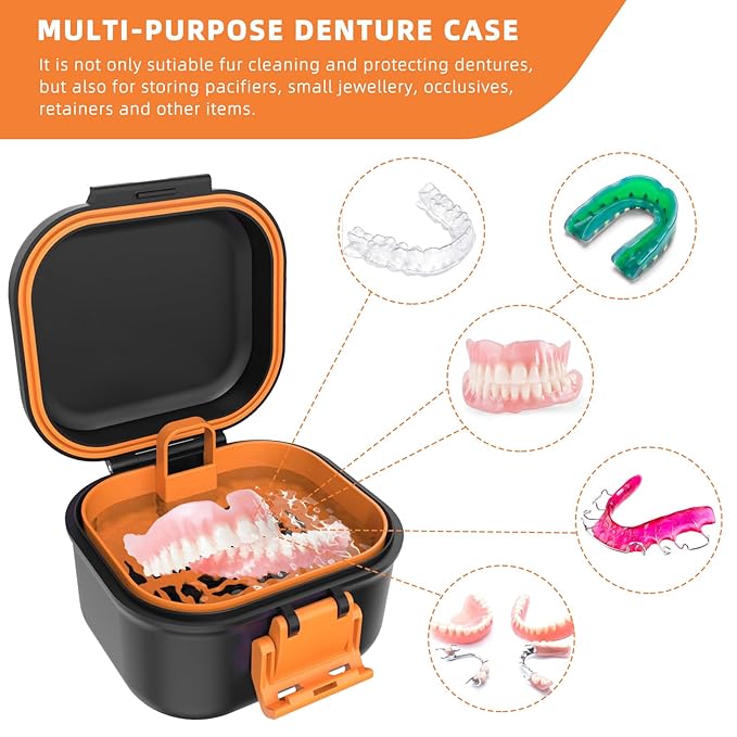 ARGOMAX Leak Proof Denture Bath Cup, Portable Soaking Denture Box, Denture Bath Case with Strainer, for Dentures and Braces (Black + Orange).
