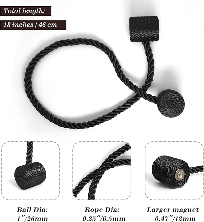 Hion Magnetic Curtain Tiebacks Black 4 Pack, Curtain Tiebacks Buckles Holdbacks Holders Hooks Clip for Home Bedroom Office Decorative Thick or Thin Curtain