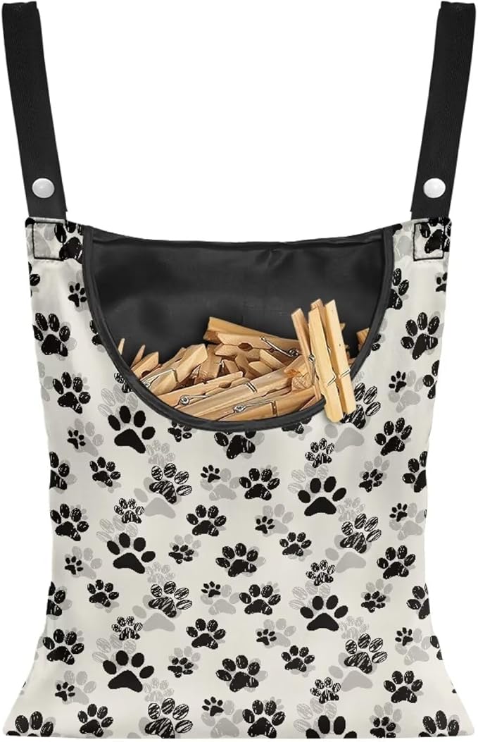 Dog Paw Print Clothespin Bag with Hanging Hook Summer Laundry Clothes Pin Holder Waterproof Clothes Pin Hanging Bag Clothespin Storage Organizer with Large Opening