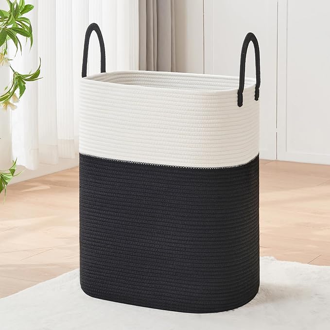 Laundry Basket with Handles - Blanket Basket & Hampers for Bedroom Aesthetic, Laundry Hamper & Blanket Storage for Living Room, Clothes Hamper, Tall, Large 17" x 14" x 25”, White & Black