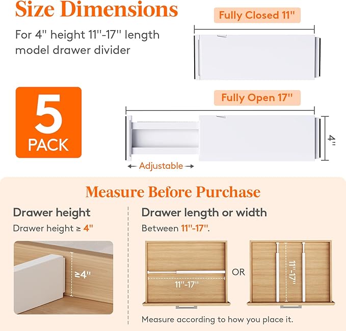 Lifewit 5 Pack Drawer Dividers 4" High, 11-17" Adjustable Dresser Drawer Organizers for Clothes, Expandable Dresser Separators in Bedroom/Bathroom/Kitchen/Vanity/Office Organization and Storage, White