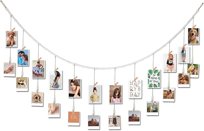 6 Feet Wooden Beads Garland with Clothespins Picture Cards Holder - Country Farmhouse Christmas Nursery Boho Holiday Decorations with Clips