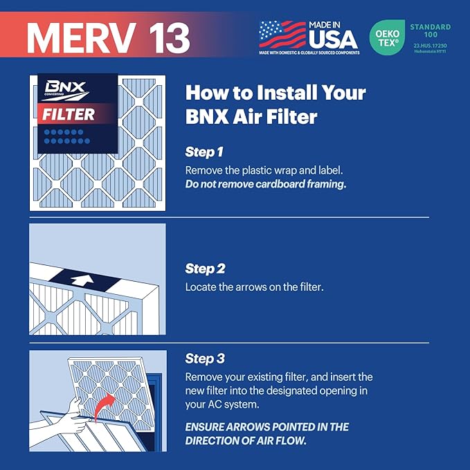 BNX TruFilter 14x18x1 Air Filter MERV 13 (6-Pack) - MADE IN USA - Electrostatic Pleated Air Conditioner HVAC AC Furnace Filters for Allergies, Pollen, Mold, Bacteria, Smoke, Allergen, MPR 1900 FPR 10