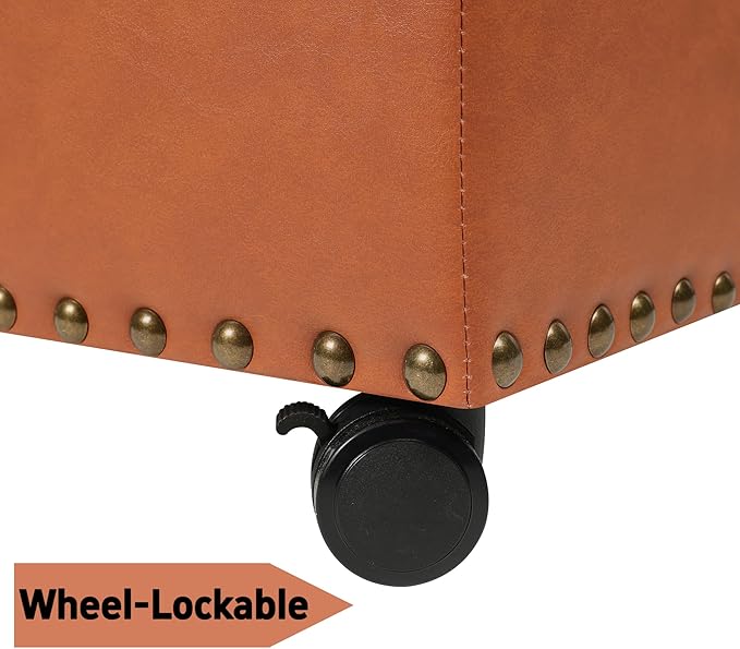24" Square Ottomans with Storage, Leather Ottoman with Storage with Lockable Wheels and Hight Loading, Foot Stool Ottoman with Wheels for Makeup Room, Dorms and Apartments (Orange Brown)
