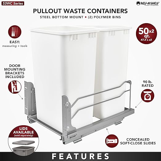 Rev-A-Shelf Pullout Dual Trash Cans for Full Height Kitchen Garbage Cabinet 50 Quart 12.5 Gallon with Soft-Close Slides, Orion Gray, 53WC-2150SCDM-213