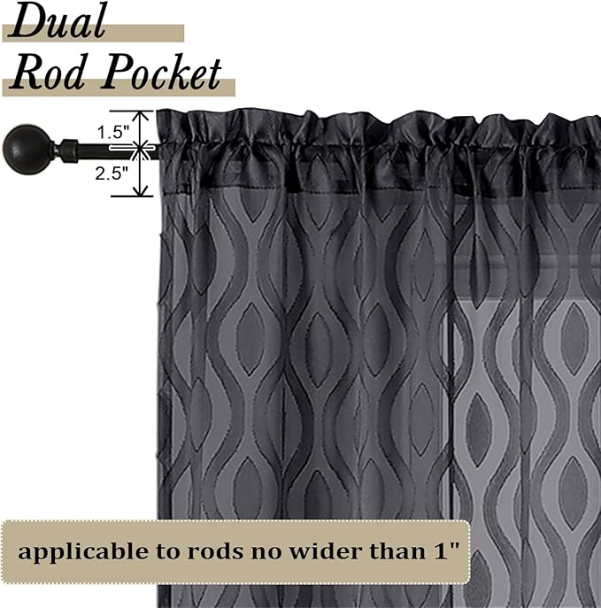 Aiyufeng Black Sheer Curtains 63 Inch Length 2 Panels Set, Solid Airy Light Filtering Voile for Bedroom Living Room, Modern Wavy Line Privacy Farmhouse Curtains, 40" W X 63" L