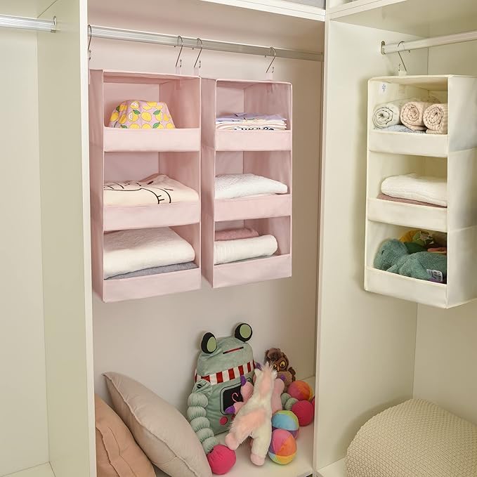 GRANNY SAYS 3 Shelf Hanging Closet Organizers and Storage, Collapsible Closet Storage Organizer with 2 Metal Hooks, Leak-Proof Hanging Shelves for Kids Clothes, Baby Towels, 2 Pack, Pink
