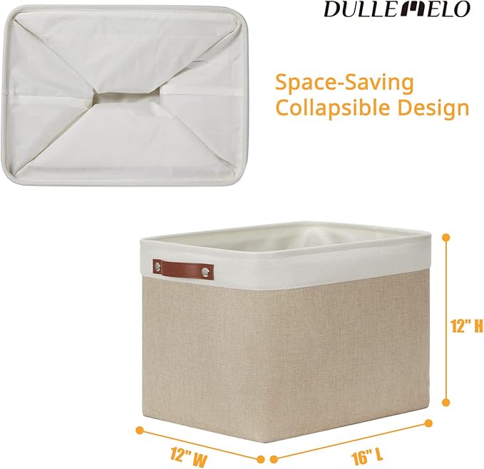 DULLEMELO Storage Baskets Large 16"x12"x12" Tall Rectangular Baskets Fabric Storage Bins for Organizing [1 Pack] Collapsible Linen Shelf Baskets for Clothes, Toys, Closet, Laundry (White&Khaki)
