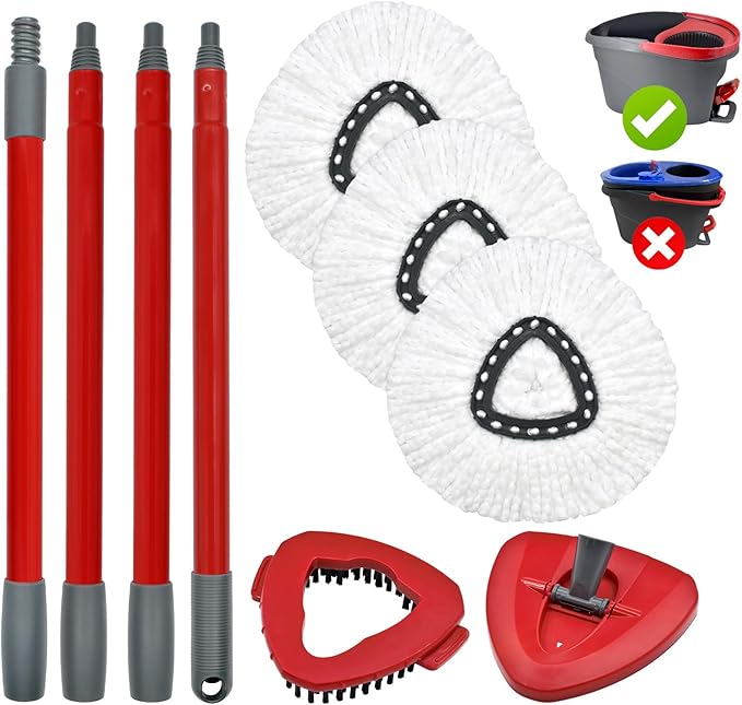 Spin Mop Heads Replacements for O Ceda EasyWring 1-Tank System, 3 Microfiber Mop Head Refills, 4-Section Iron Handle, 1 Base and 1 Scrub Brush Combo Set for Floor Cleaning
