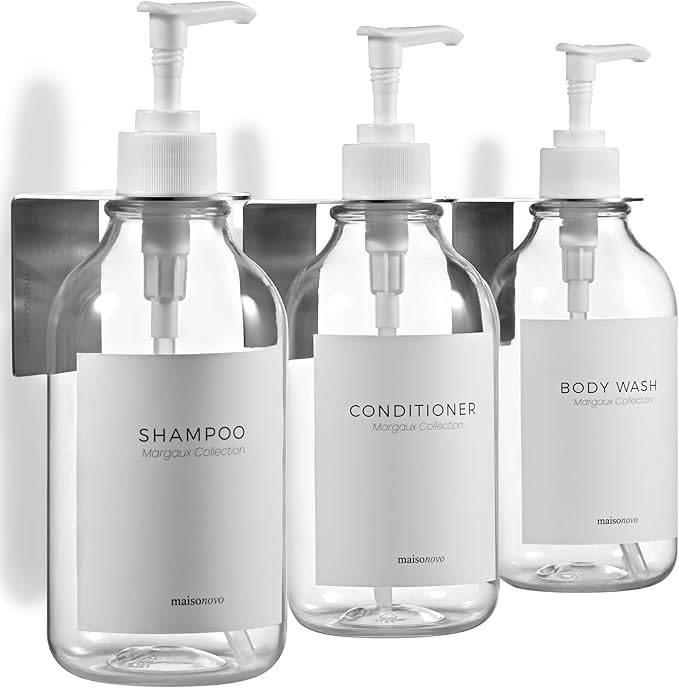 MaisoNovo Shampoo and Conditioner Dispenser - Shower Soap Dispenser Wall Mounted - 16.9 fl oz Set of 3 Clear Plastic Bottles White Pump - Shampoo Dispenser, Shower Dispenser 3 Chamber No Drill