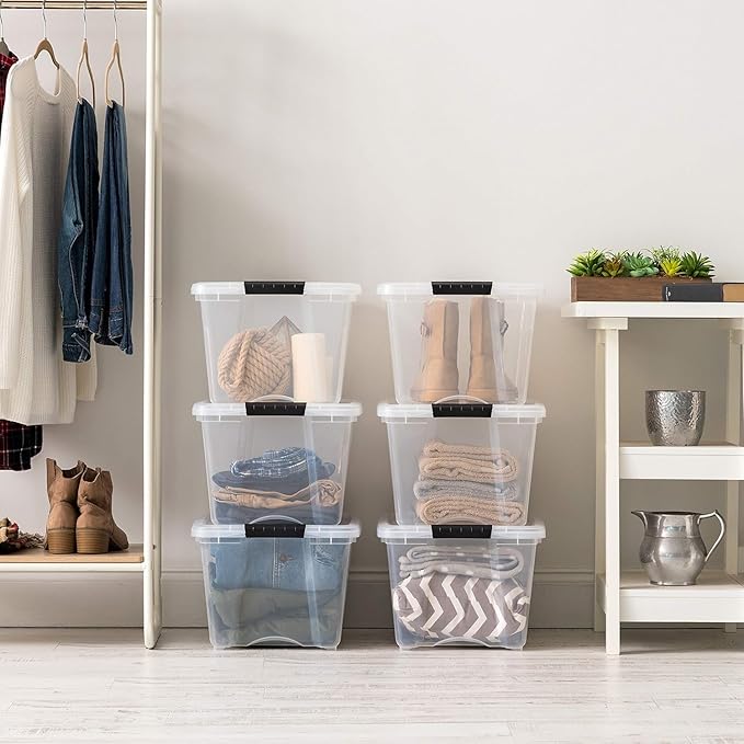 IRIS USA 32 Qt Stackable Plastic Storage Bins with Lids, 4 Pack - BPA-Free, Made in USA - See-Through Organizing Solution, Latches, Durable Nestable Containers, Secure Pull Handle - Clear