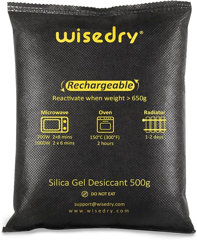 wisedry 4 x 500 Grams [4.4 lbs] Rechargeable Silica Gel Car Dehumidifier, Microwave Fast Reactivated Desiccant Packets Large for Gun Safe Closet Basement Garage Storage Moisture Absorber Bag Reusable
