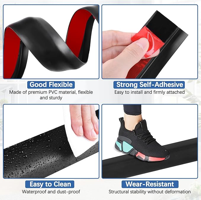 Vinyl Door Threshold Flooring Transition Strip Self Adhesive Carpet Edging Strip for Laminate Doorway Edge Threshold from 1/5" to 2/5" (Black, 3.3 Ft)