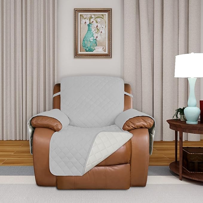 PureFit Reversible Quilted Sofa Cover, Water Resistant Slipcover Furniture Protector, Washable Couch Cover with Non Slip and Elastic Straps for Kids, Dogs (Oversized Recliner, Light Gray/Ivory)